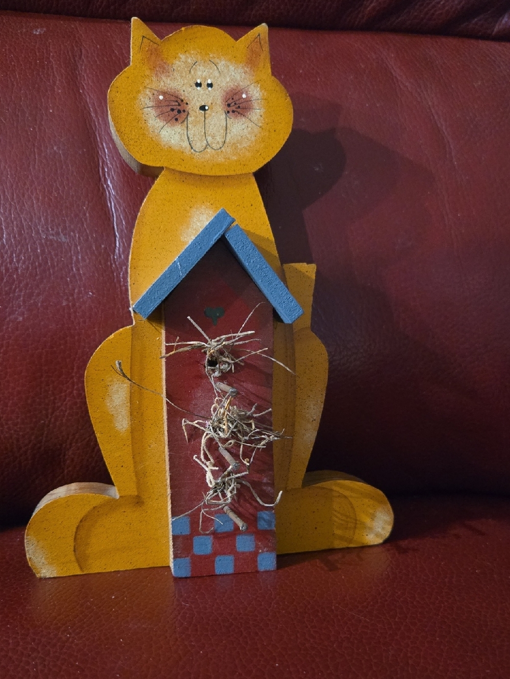 Whimsical Yellow Cat Wooden Figurine with Birdhouse, Vintage, Handcrafted